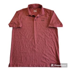 Under Armour Heat Gear Loose Polo Golf Shirt L Red Stripe Polyester Blend Shirt